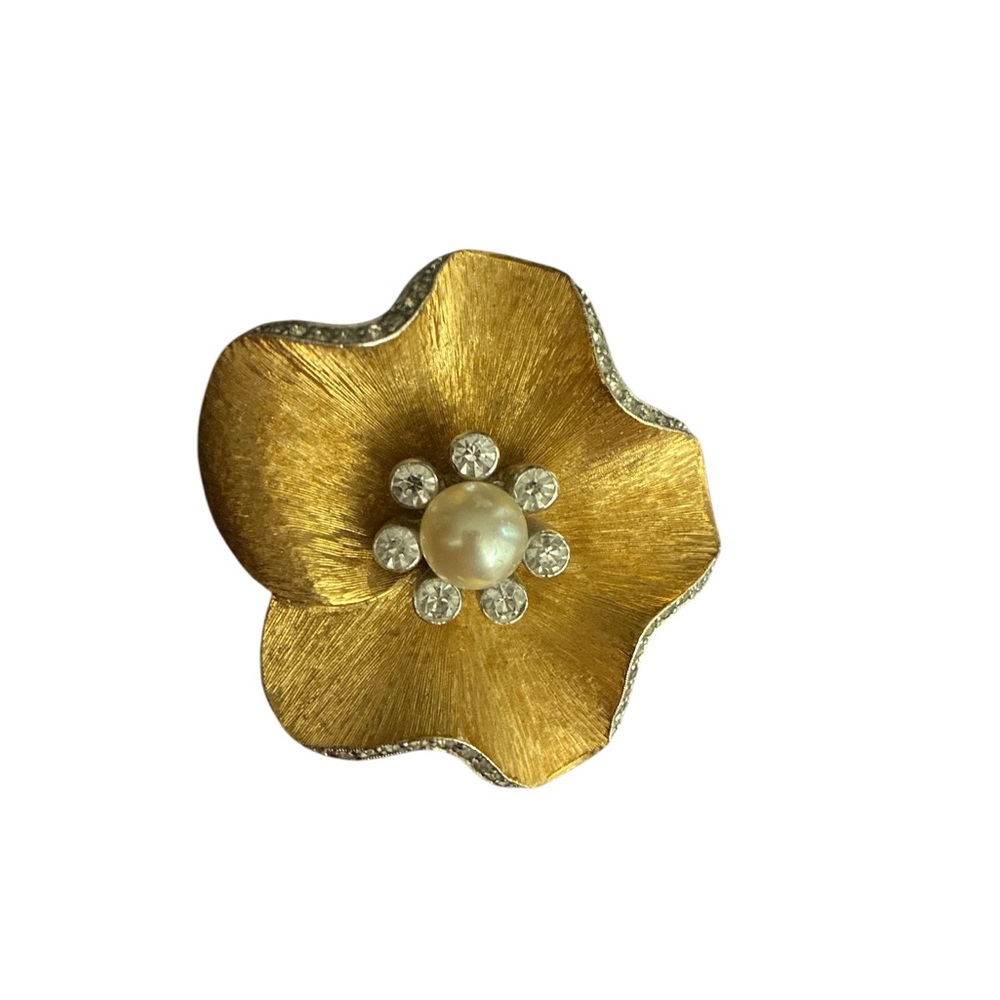 Gold Flower Rhinestone Brooch with Pearl Center